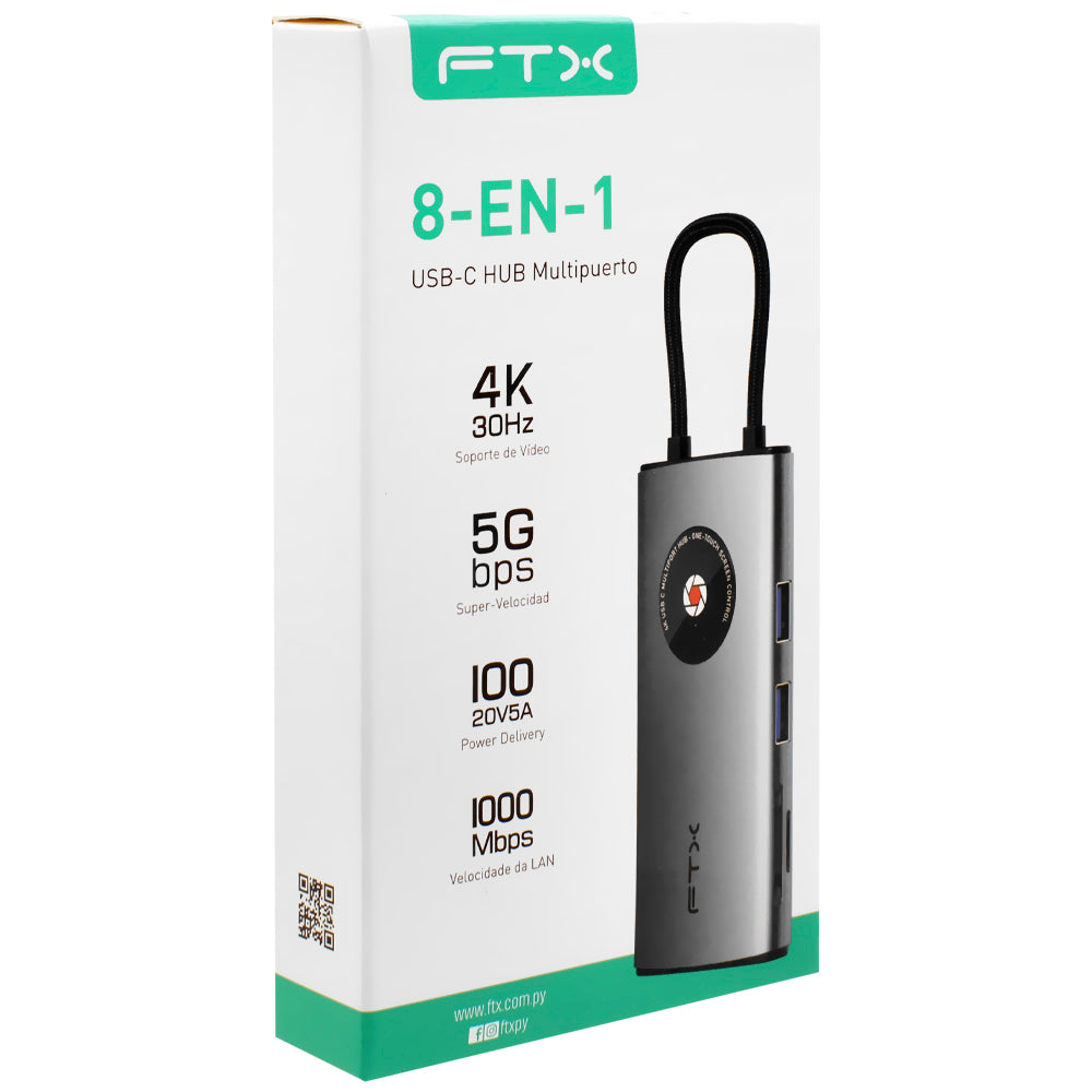 Hub USB-C FTX CT-HUBL3-AG 8 Portas / HDMI / 2 USB 3.0 / USB 2.0 / RJ45 / SD / TF / USB-C Fêmea - Cinza