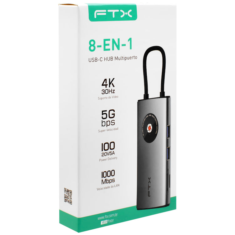 Hub USB-C FTX CT-HUBL3-AG 8 Portas / HDMI / 2 USB 3.0 / USB 2.0 / RJ45 / SD / TF / USB-C Fêmea - Cinza