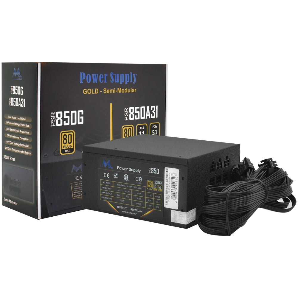 Fonte de Alimentação Mtek 850W ATX 3.1 / Semi Modular / 80 Plus Gold